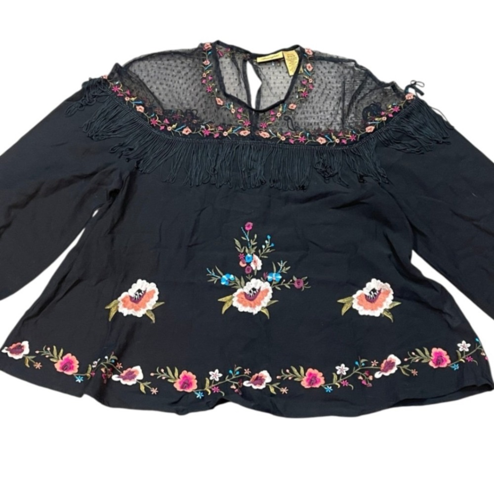 Wrangler Black Embroidered Fringe Floral Womens Top Western Rodeo Medium Whimsy - Picture 5 of 9